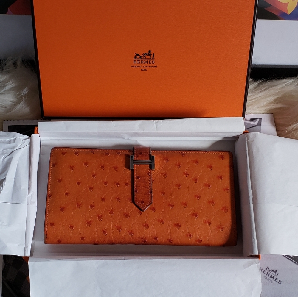 💯Hermès Ostrich Leather Bearn Long Wallet🧡